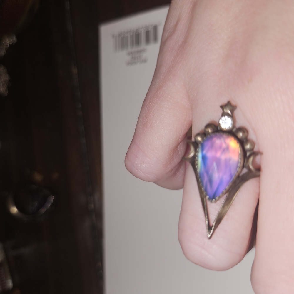 Silver Ornate Statement Ring with Iridescent Stone By Lavender Star Designs